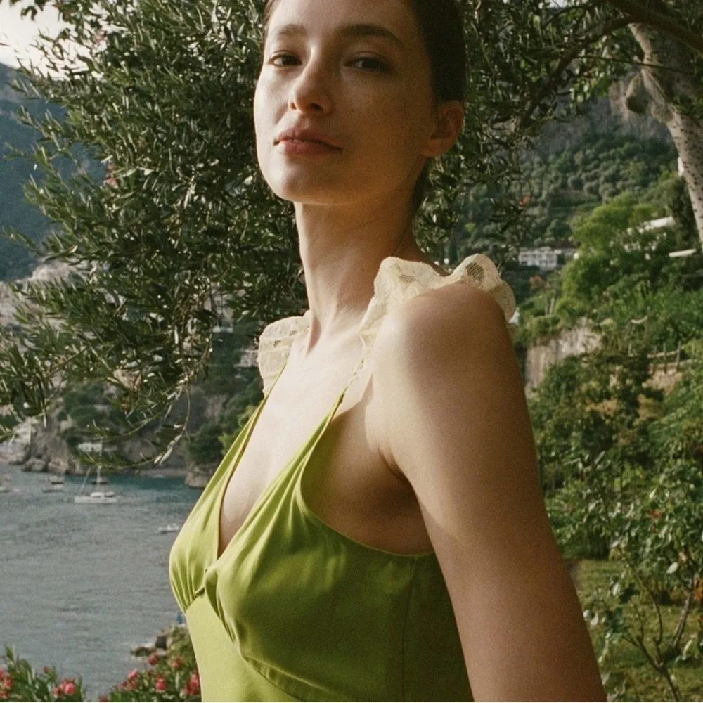 DOEN Claire Dress Silk Chartreuse Green Midi Maxi Slipdress XS Babydoll Retro - Picture 2 of 15